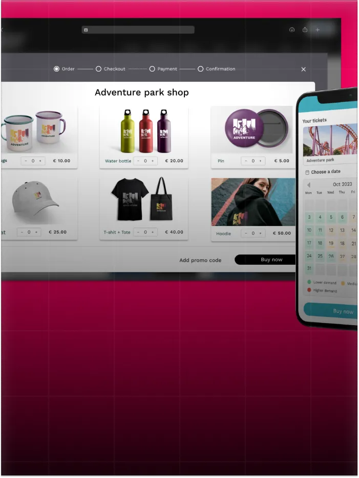 Adventure park shop online POS showing merchandise and ticket booking on desktop and mobile view.