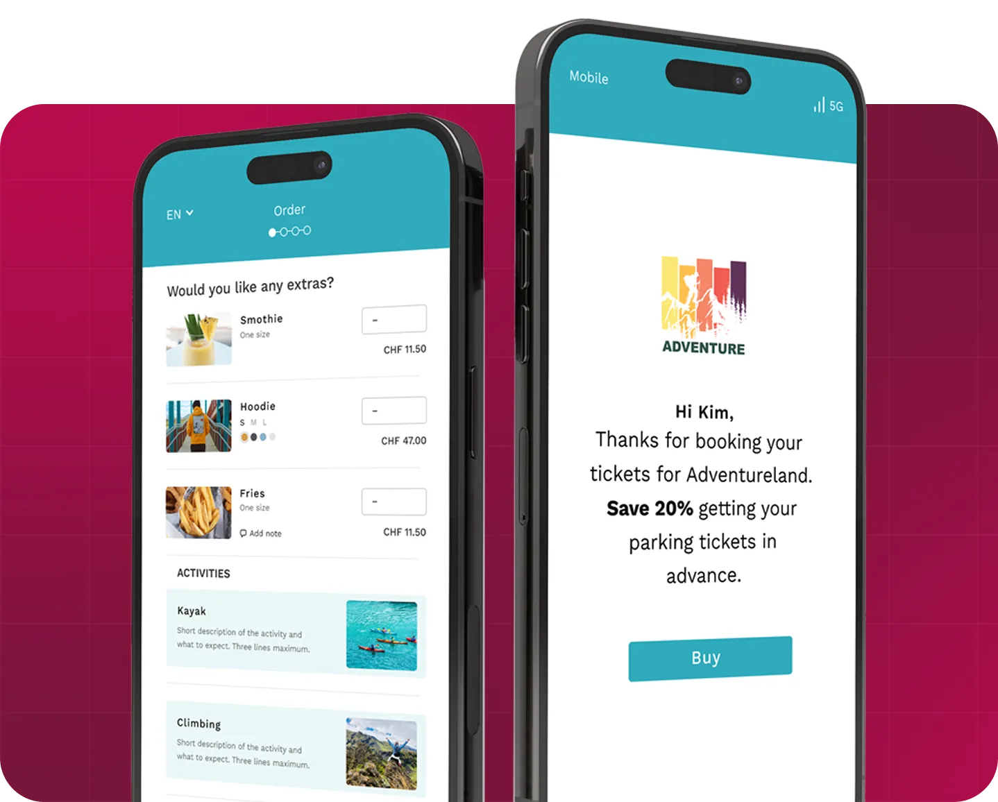 Two smartphones showing an order screen with extras and a booking confirmation for Adventureland with 20% ticket savings.