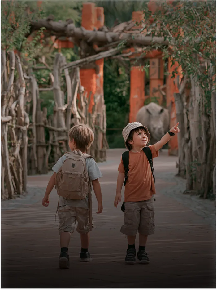 Two young boys with backpacks walking on a wooden path in a zoo with a rhino in the background.