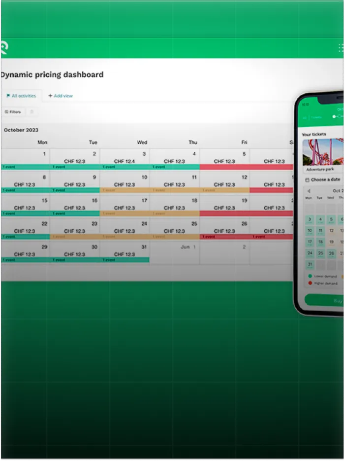Dynamic pricing dashboard showing October 2023 calendar with CHF prices and event demand levels.