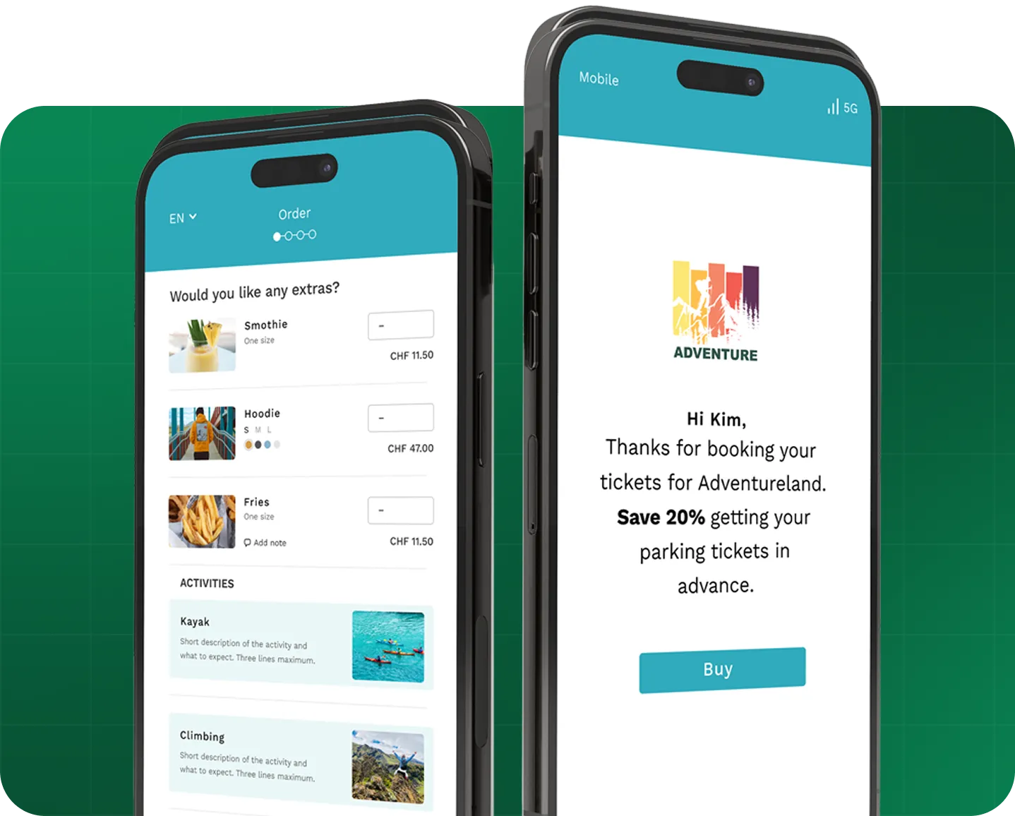 Two smartphones showing a booking app: extras menu on one and a 20% discount thank you message on the other.