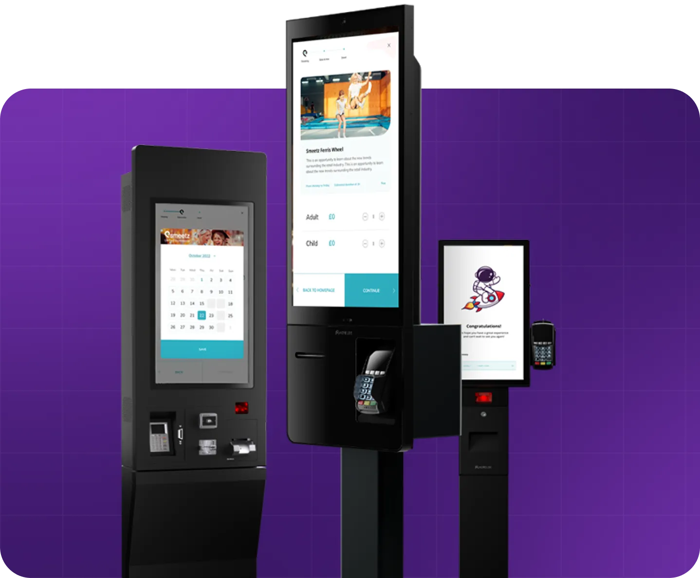 Three black touchscreen kiosks with card readers against a purple grid background.