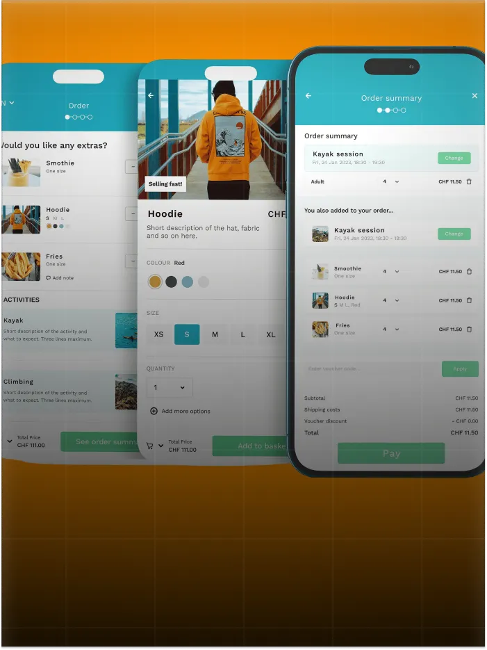 Mobile app screens showing order extras, hoodie details, and order summary for kayaking and snacks.