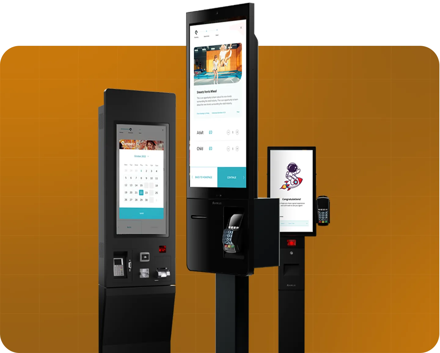 Three black self-service kiosks with touchscreens and card payment terminals on an orange background.