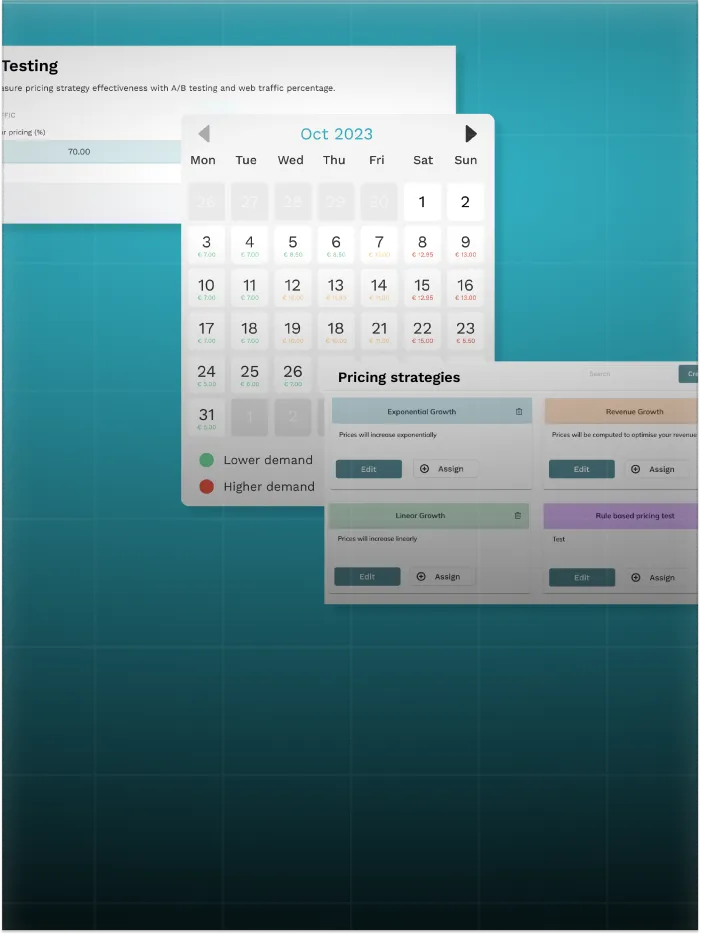 User interface for pricing strategy testing showing a calendar with price data and options to edit pricing models.