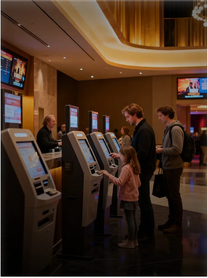 People using self-service kiosks to buy tickets inside a modern movie theater lobby.