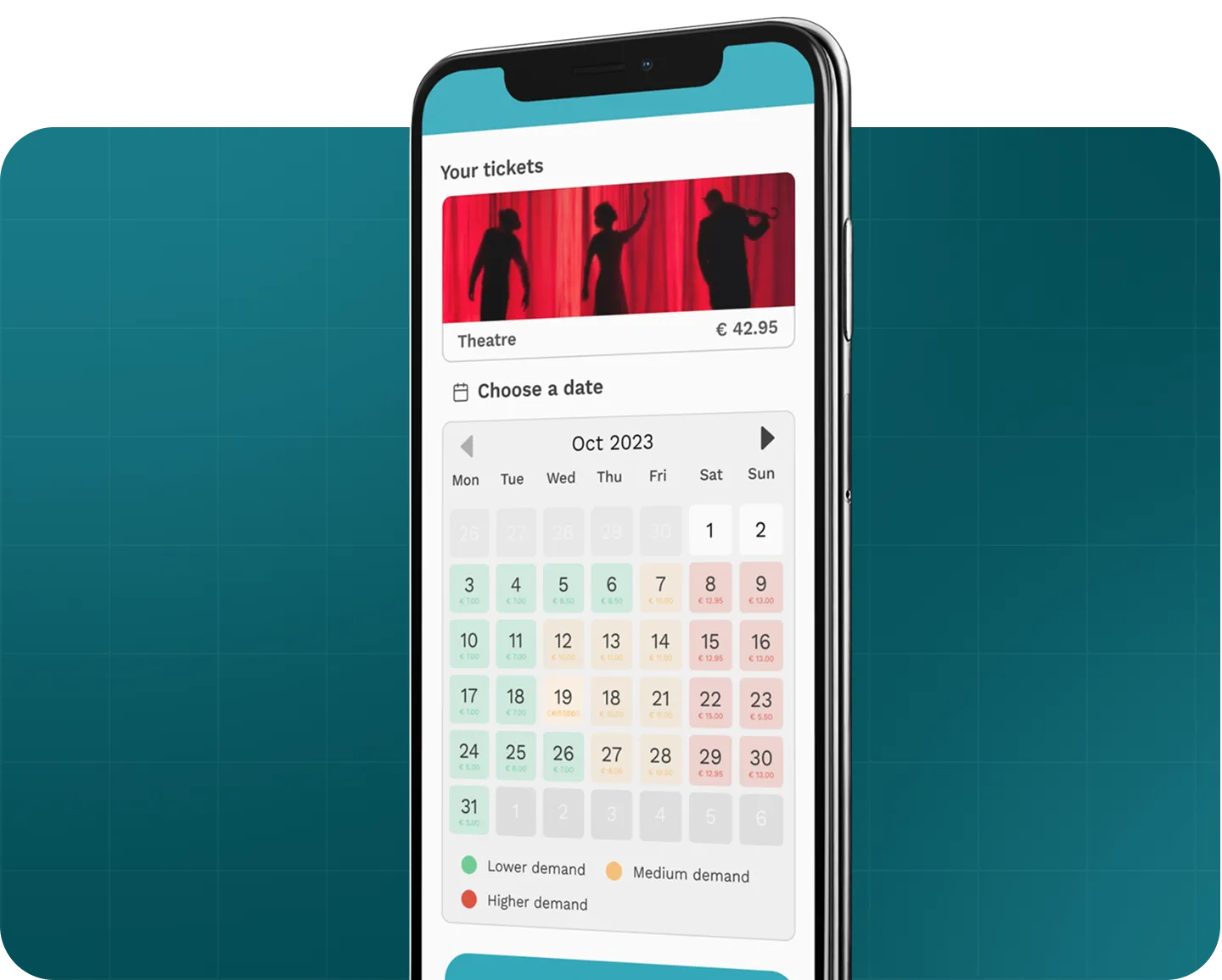 Smartphone screen shows a theater ticket booking calendar with date-based pricing and demand color codes.