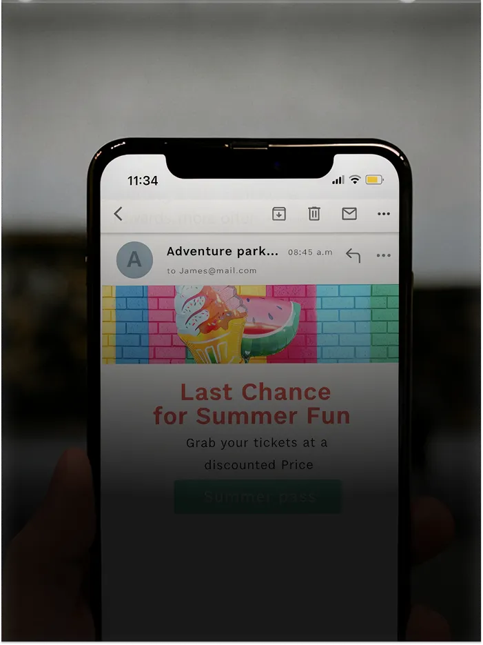 Phone screen shows email from Adventure park with summer fun offer and summer pass button.