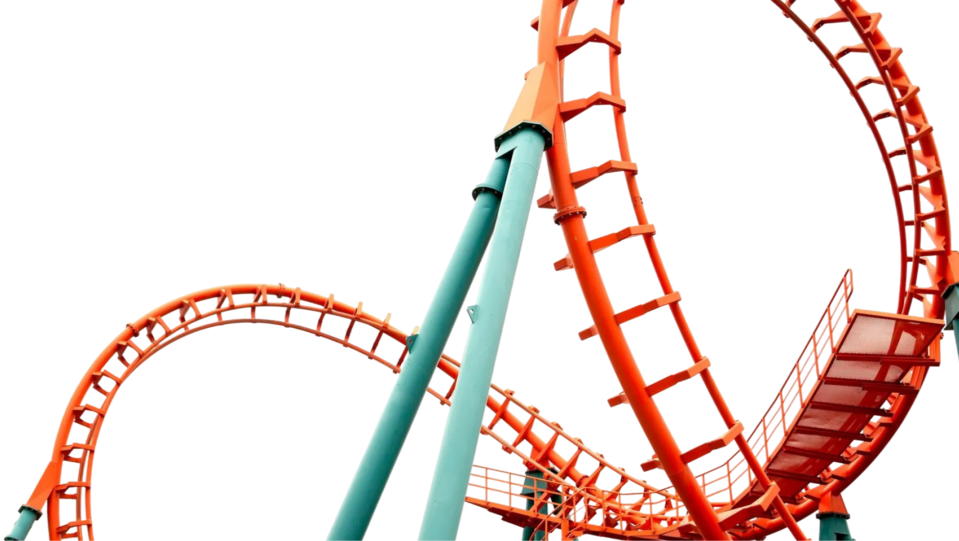 Orange roller coaster loops and teal support beams isolated on black background.