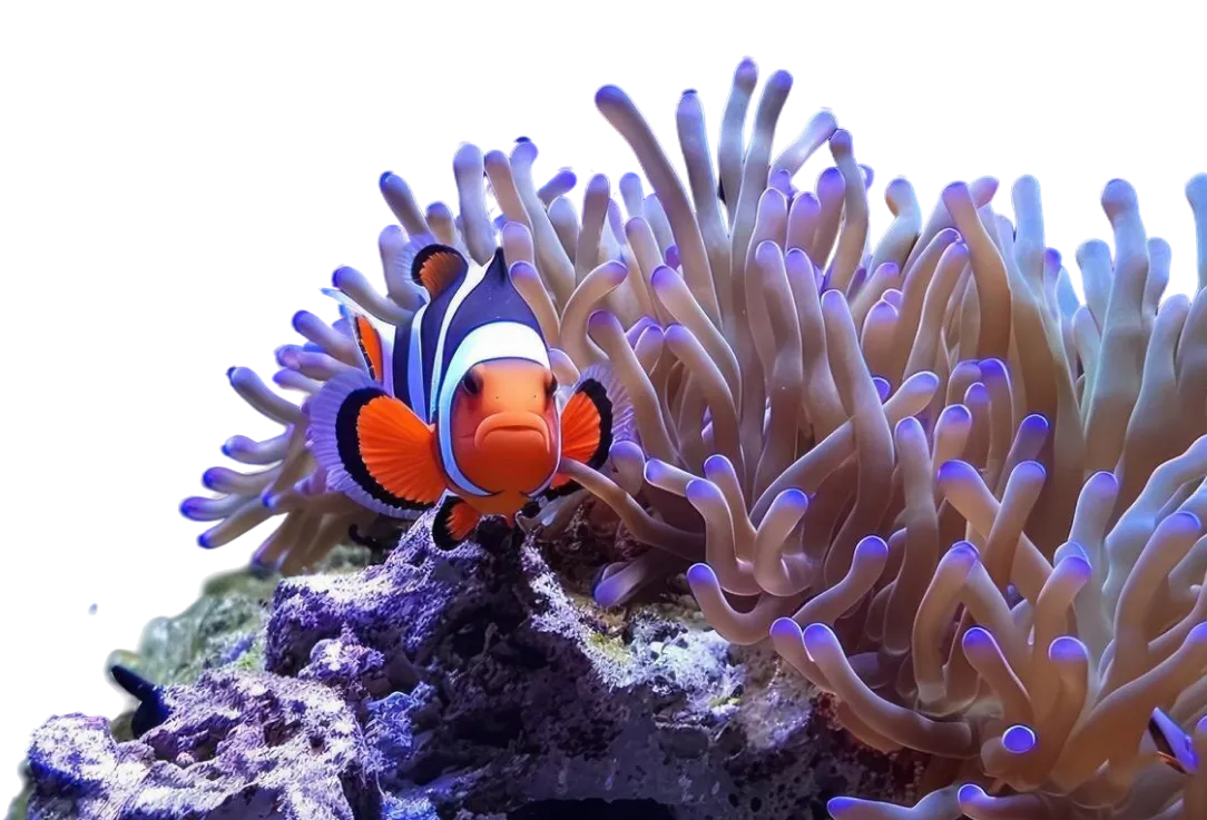 Clownfish swimming near purple-tipped sea anemone tentacles on a coral reef rock.