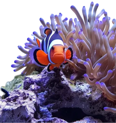 Clownfish with orange, white, and black stripes swimming near purple-tipped sea anemone tentacles.
