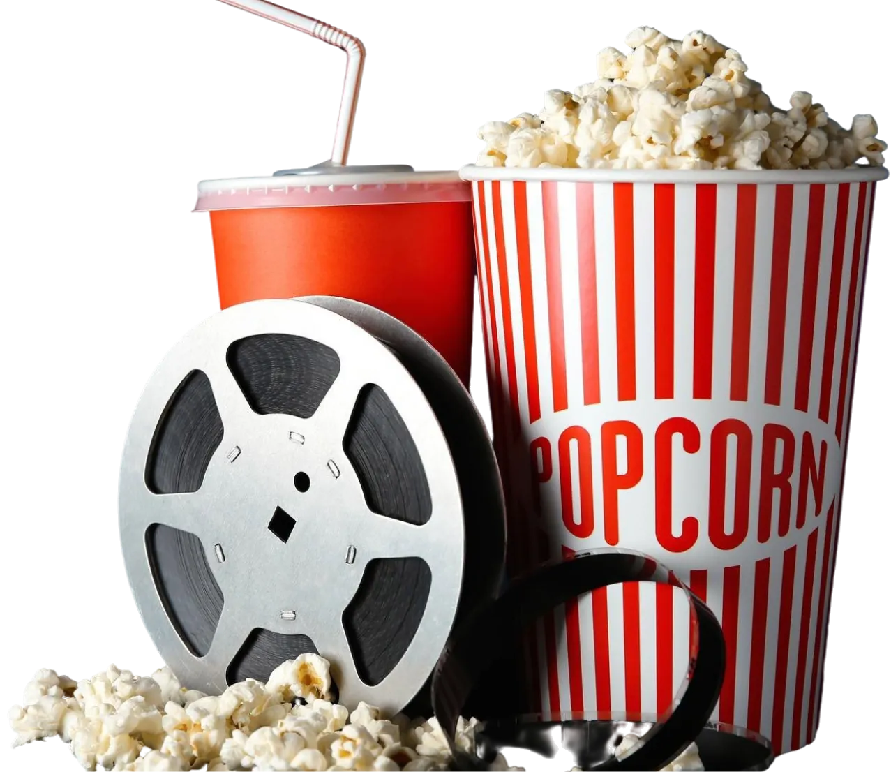 Red striped popcorn bucket, soda cup with straw, and film reel with scattered popcorn.