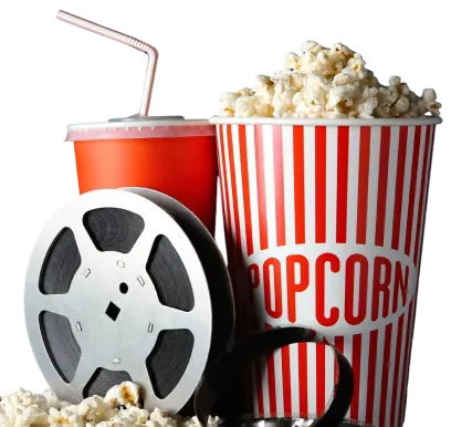 Red and white striped popcorn bucket filled with popcorn, a red drink cup with straw, and a film reel.