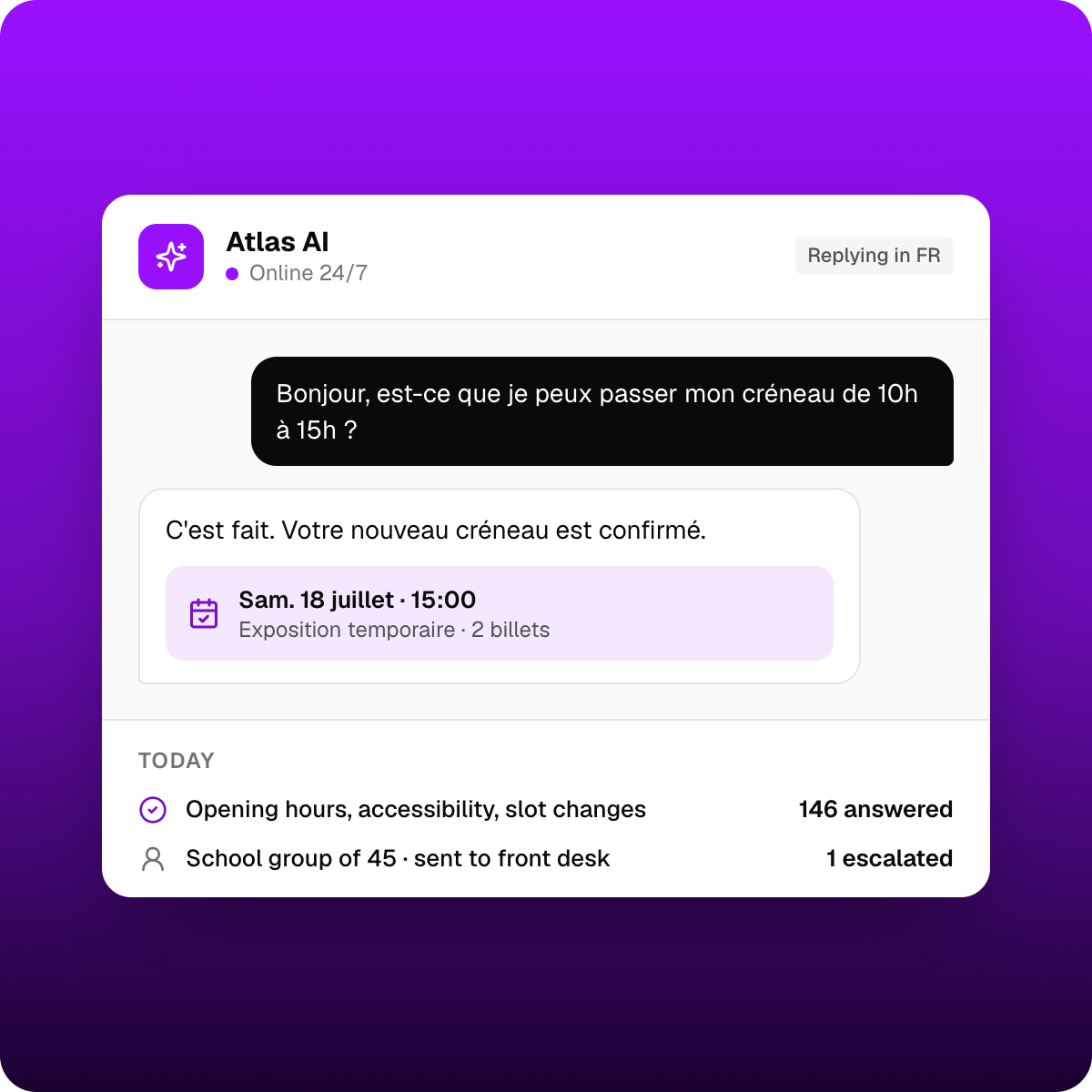 Atlas AI answering museum visitor questions on opening hours and accessibility