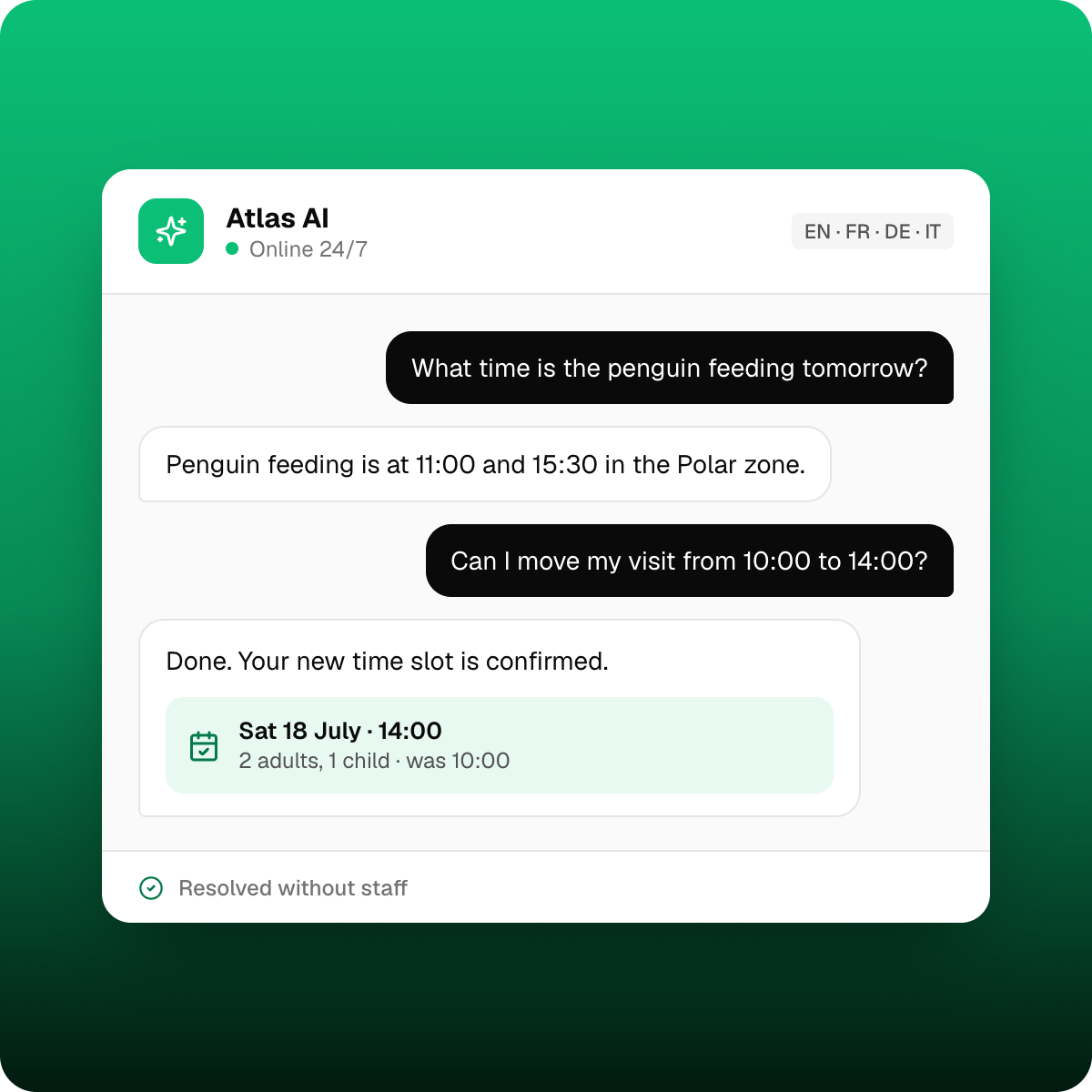 Atlas AI answering zoo visitor questions and rescheduling a time slot