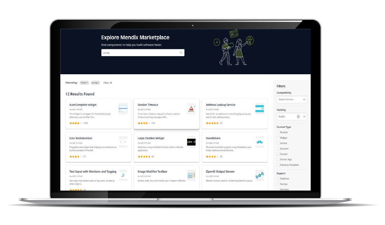 Laptop screen showing Mendix Marketplace with search results and filters for software components.