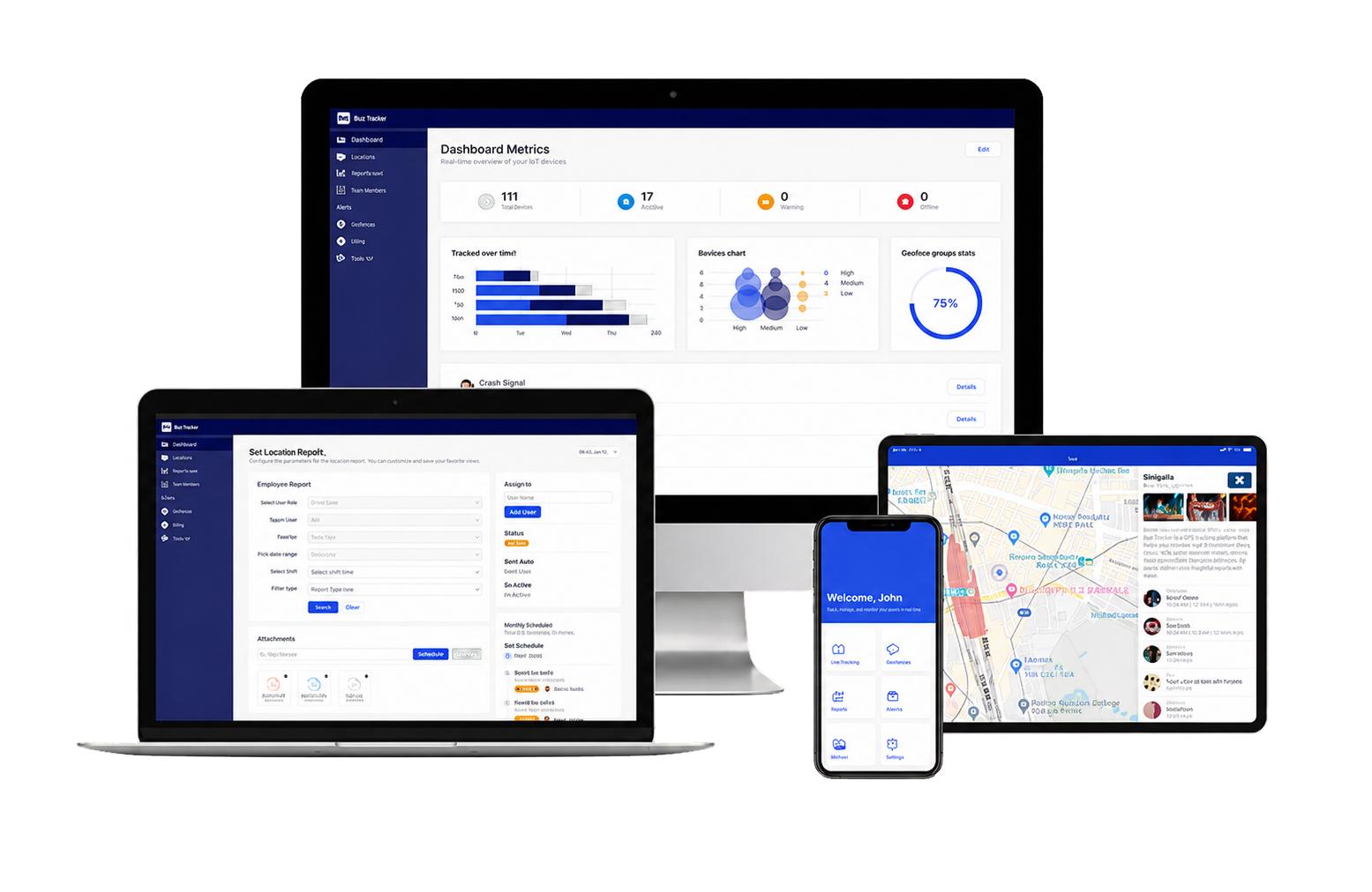 Multiple devices showing an IoT dashboard, reports, live tracking map, and a welcome screen on mobile app.
