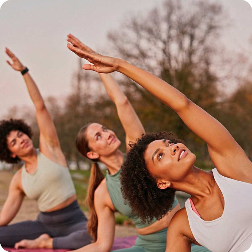 Three women outdoors doing side stretch yoga poses on mats during sunset.