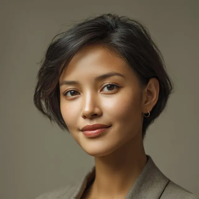 Portrait of a young woman with short dark hair, wearing a brown blazer and gold hoop earring.