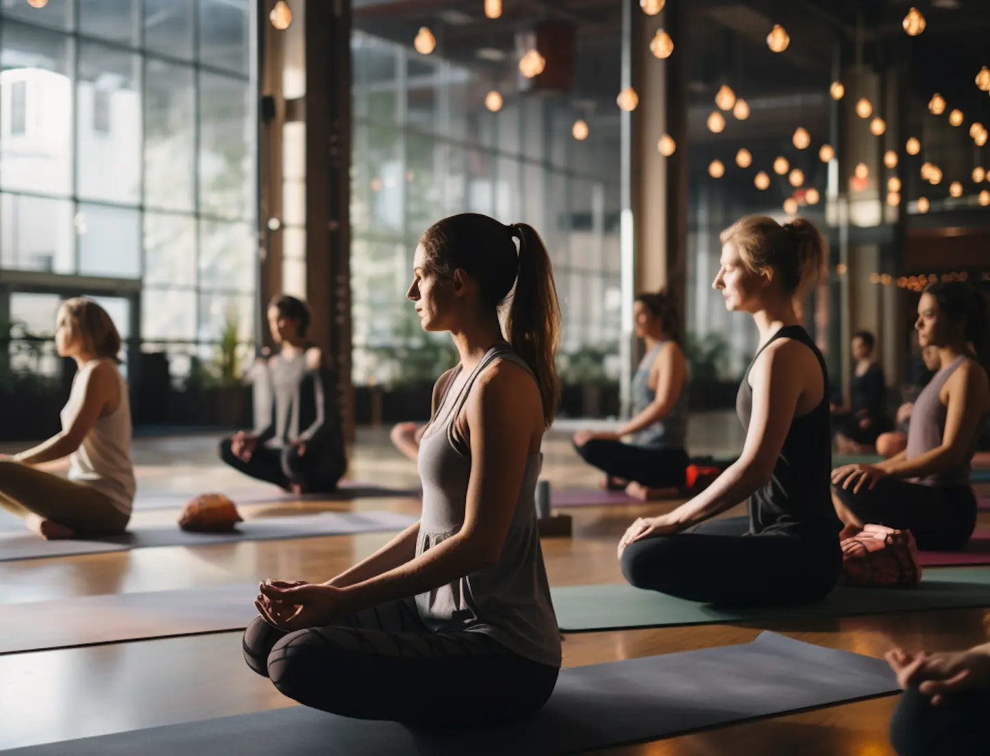 Group of women sitting cross-legged on mats meditating in a bright, modern yoga studio.