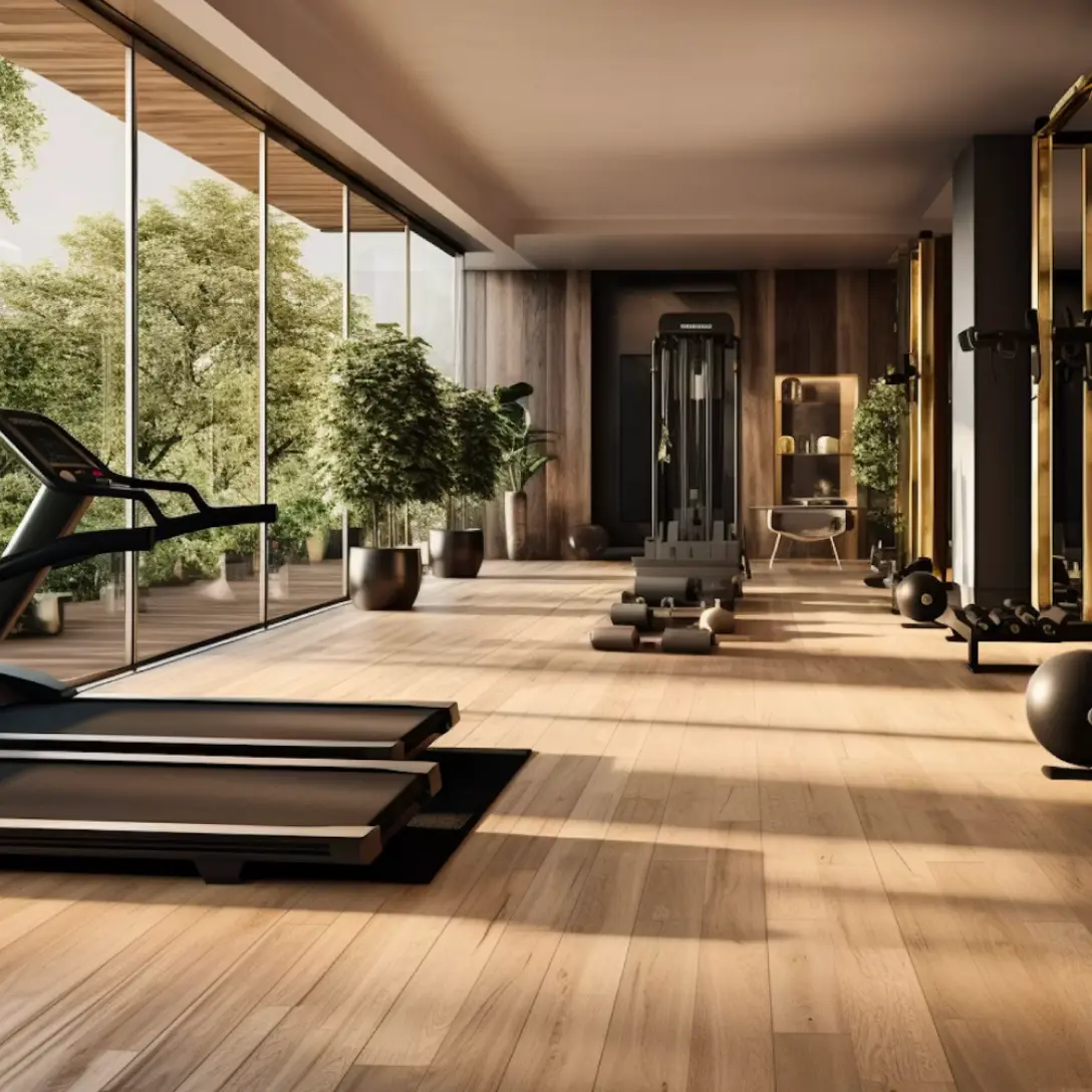 Modern gym with treadmills, weight machines, dumbbells, exercise balls, and large windows with trees outside.