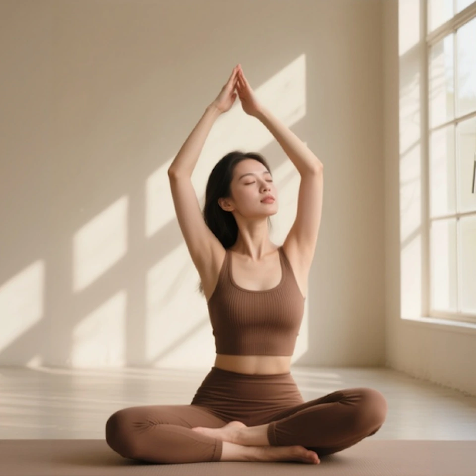 Woman in brown activewear sitting cross-legged on a yoga mat meditating with hands raised above her head.