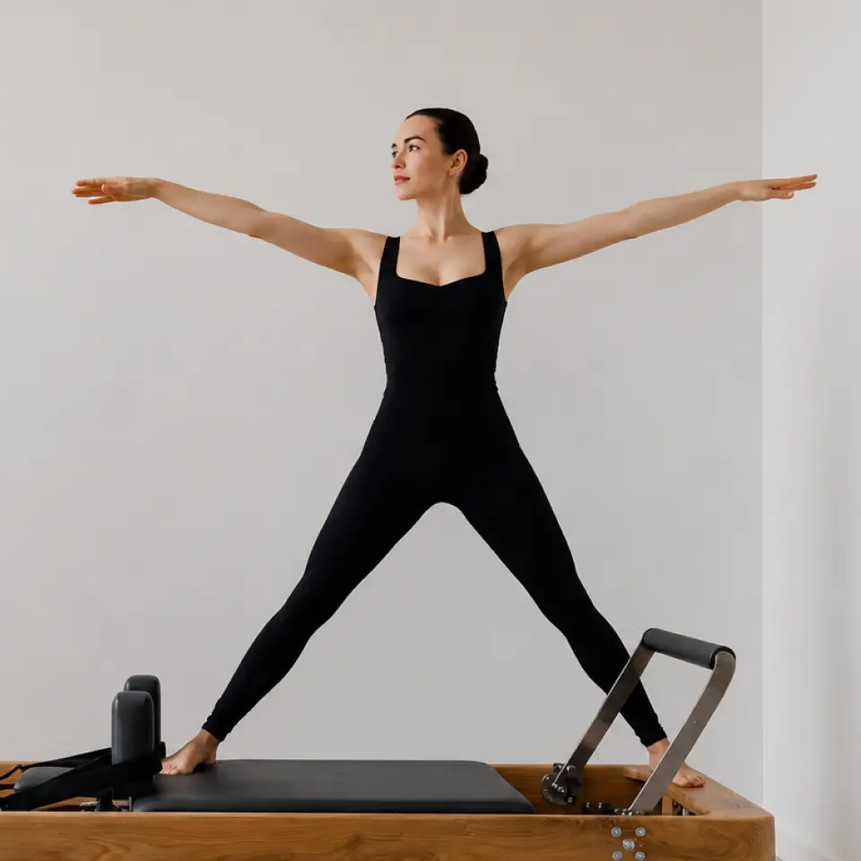 Woman in black workout outfit doing Pilates pose on reformer machine with arms extended.