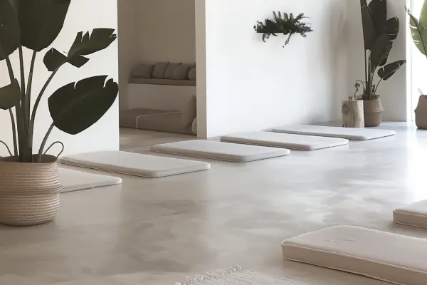Minimalist room with beige floor cushions, large potted plants, and white walls with green foliage decor.