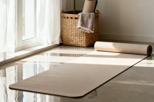 Unrolled beige yoga mat on shiny floor near window with basket holding towels and rolled mats.