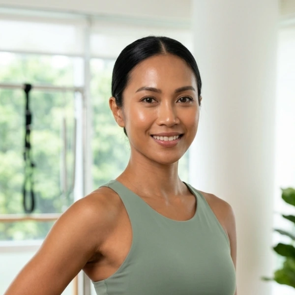 Smiling woman with dark hair in a green sleeveless top in a bright room with plants and window.