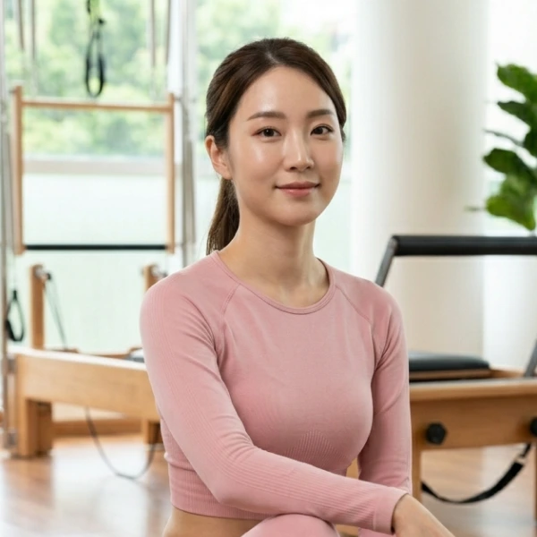 Young woman in pink workout clothes sitting in a fitness studio with equipment in the background.