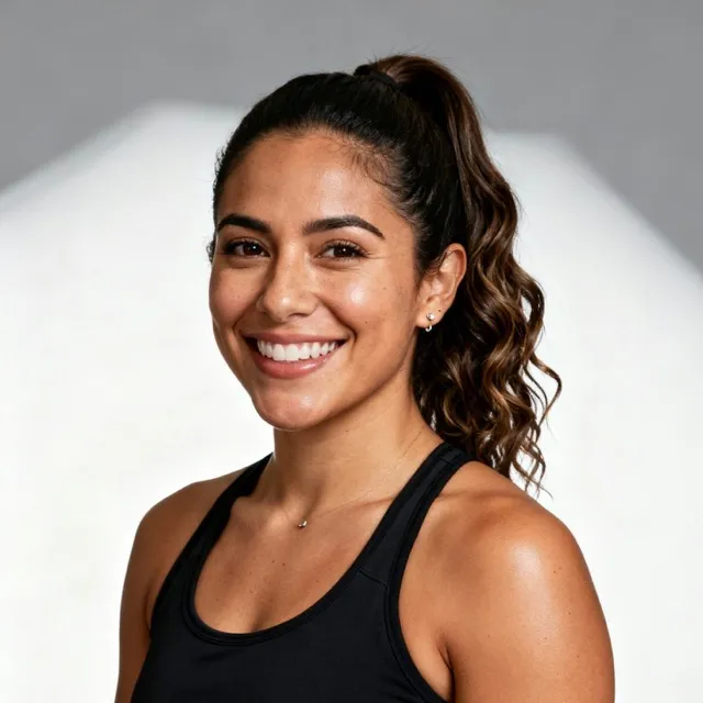 Smiling woman with curly ponytail in a black tank top against a light gray background.