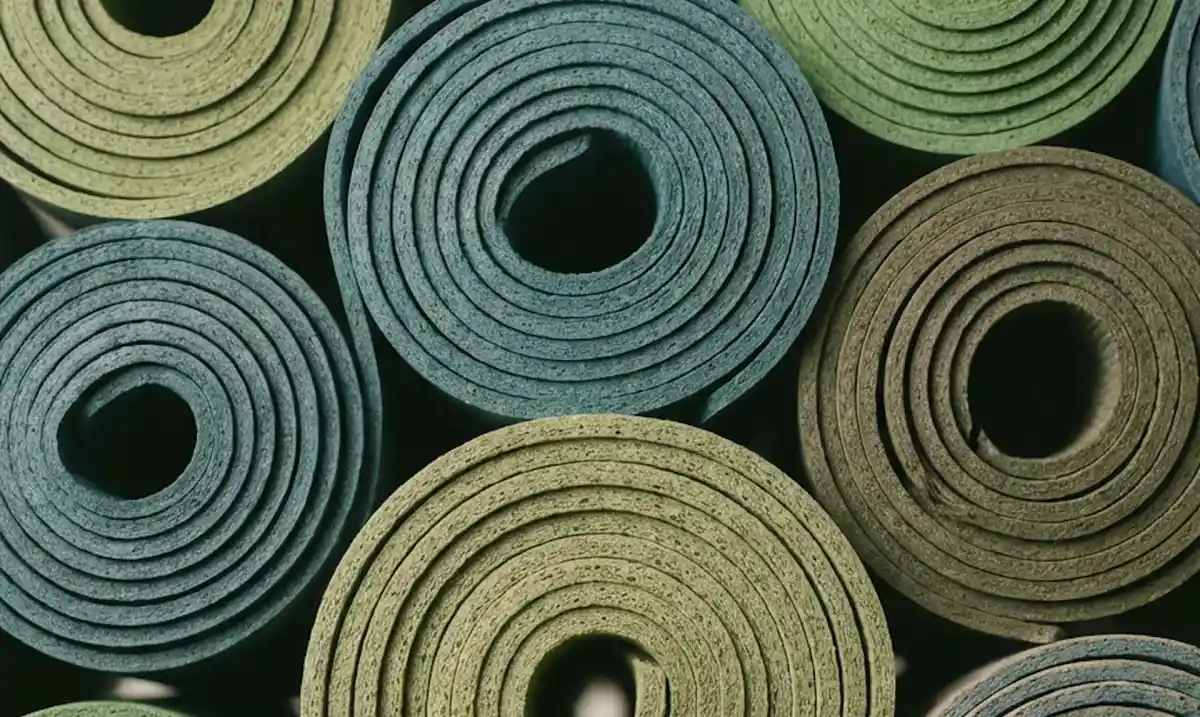 Rolled-up foam mats in green, blue, and brown colors arranged tightly together.