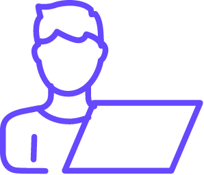 Purple line icon of a person using a laptop, shown from the front.