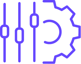 Blue icon of three vertical sliders next to a gear, representing settings or controls.