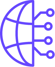 Purple globe icon connected to four circular nodes arranged vertically on the right.