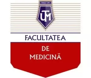 Emblema cu text FACULTATEA DE MEDICINĂ pe fundal alb și roșu.