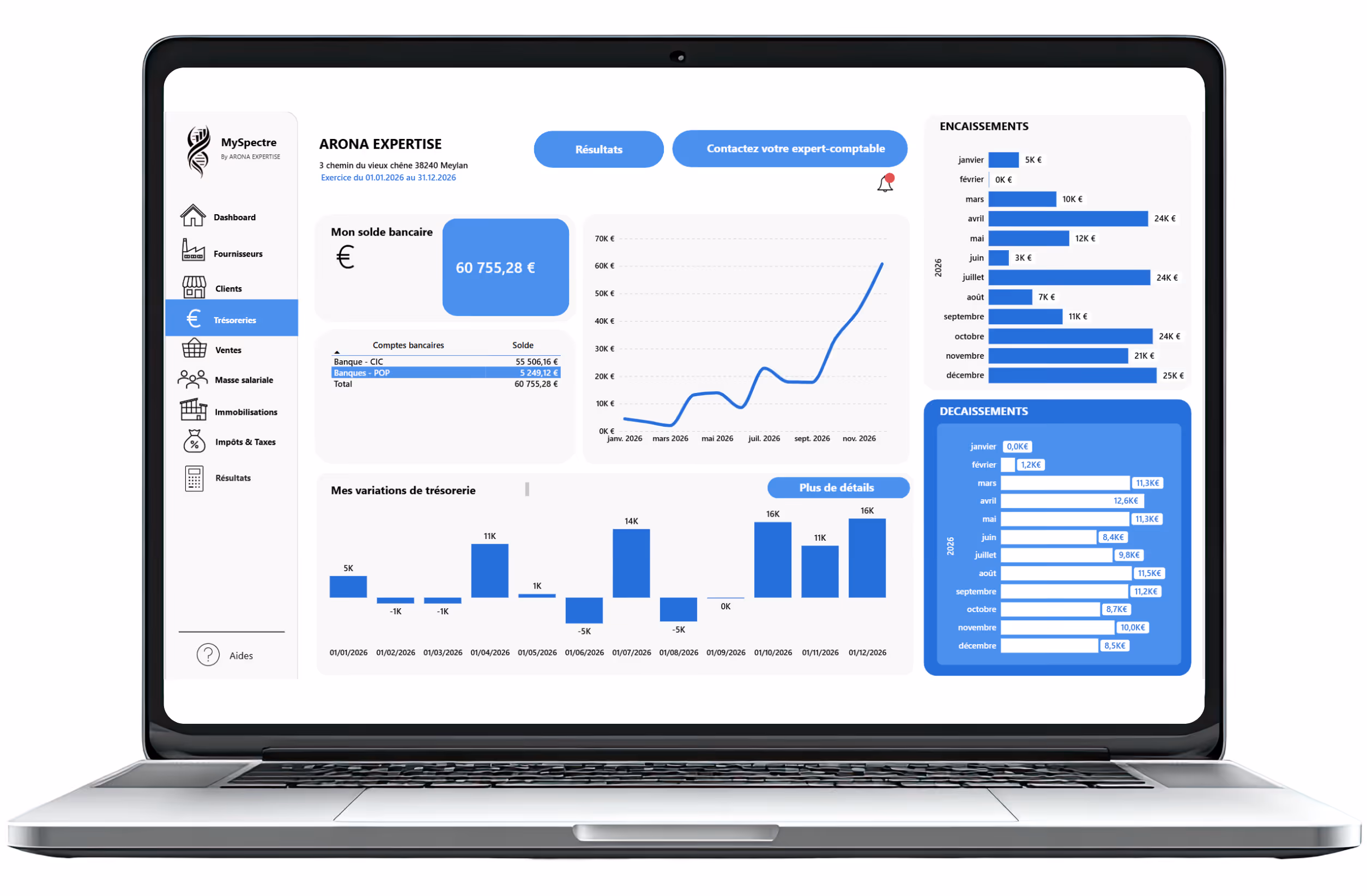 Tableau de bord financier sur ordinateur portable affichant solde bancaire, variations et flux de trésorerie en 2026.