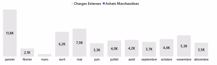 Diagramme à barres montrant charges externes mensuelles de janvier à décembre en milliers d'euros.