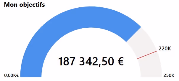Jauge circulaire montrant un objectif financier de 250k€, avec 187 342,50 € atteint.