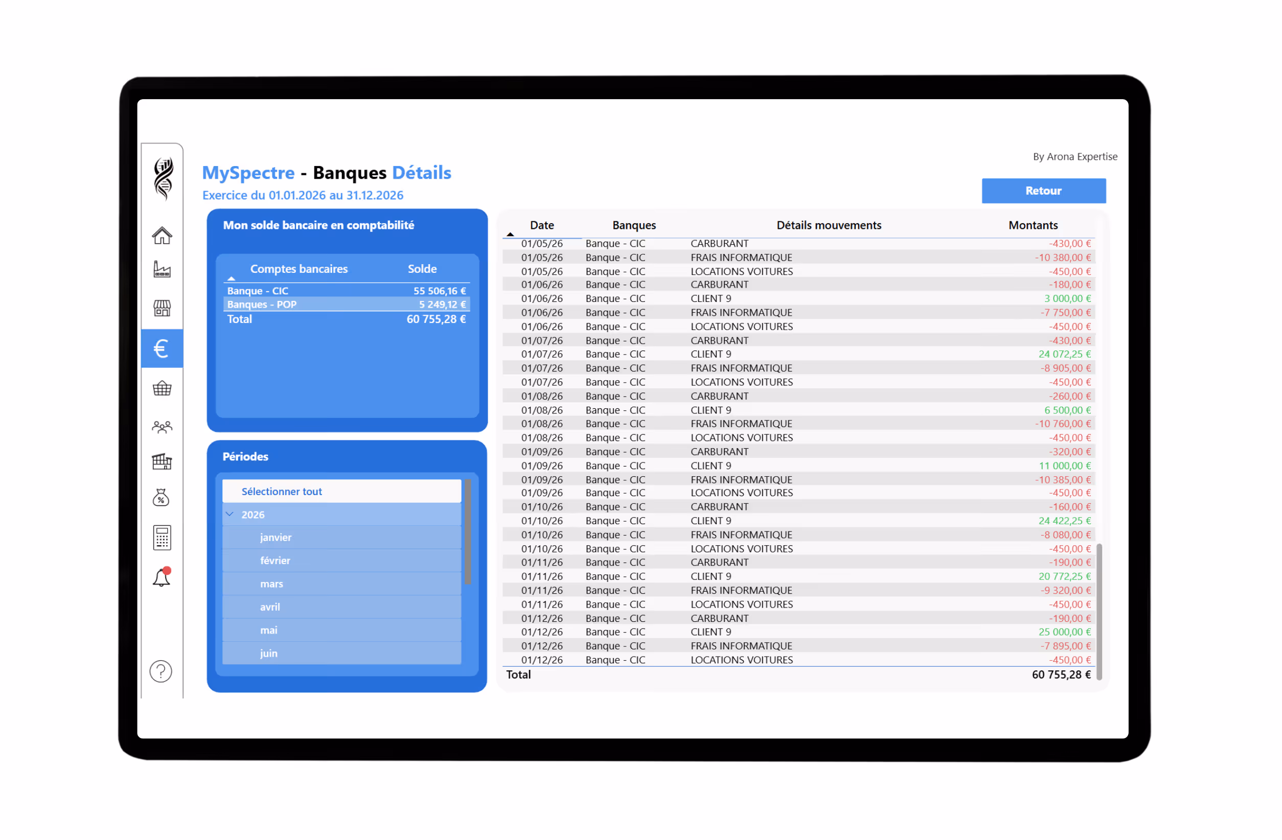 Tableau de détails bancaires montrant des dates, banques, mouvements et montants du compte CIC en 2026.
