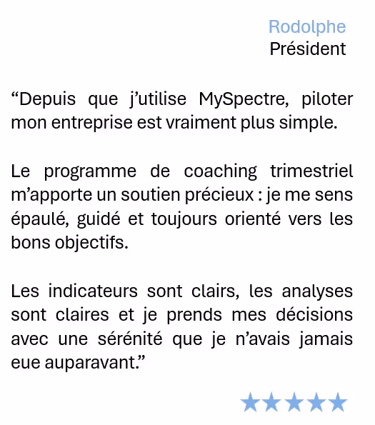 Témoignage en français d'un président nommé Rodolphe louant la simplicité, coaching et clarté des analyses MySpectre.