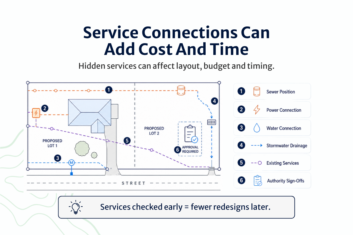 An infographic to show the service connections that can obstruction the subdivision of land.