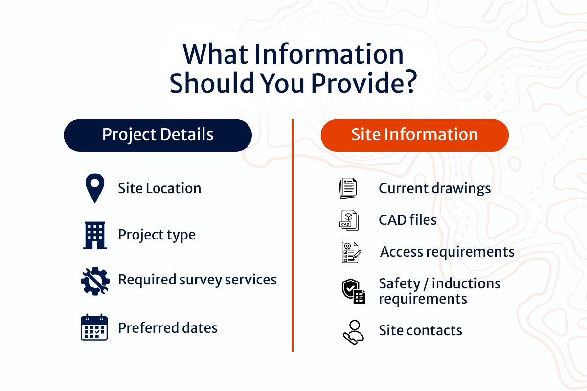 An infographic on the list to provide when booking a construction survey.