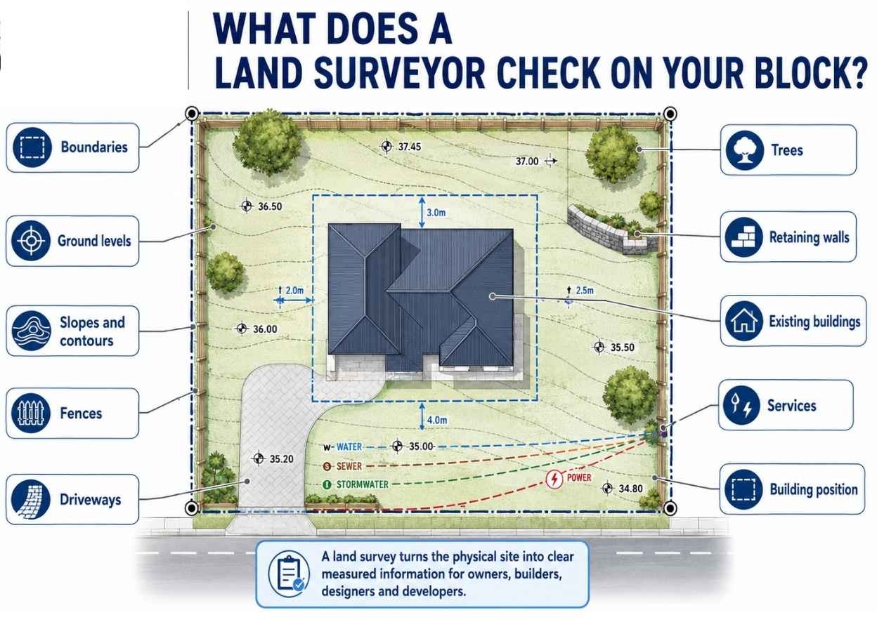 Labelled property block diagram showing what a land surveyor checks in WA, including boundaries, ground levels, contours, fences, trees, retaining walls, driveways, existing buildings, services and building position.