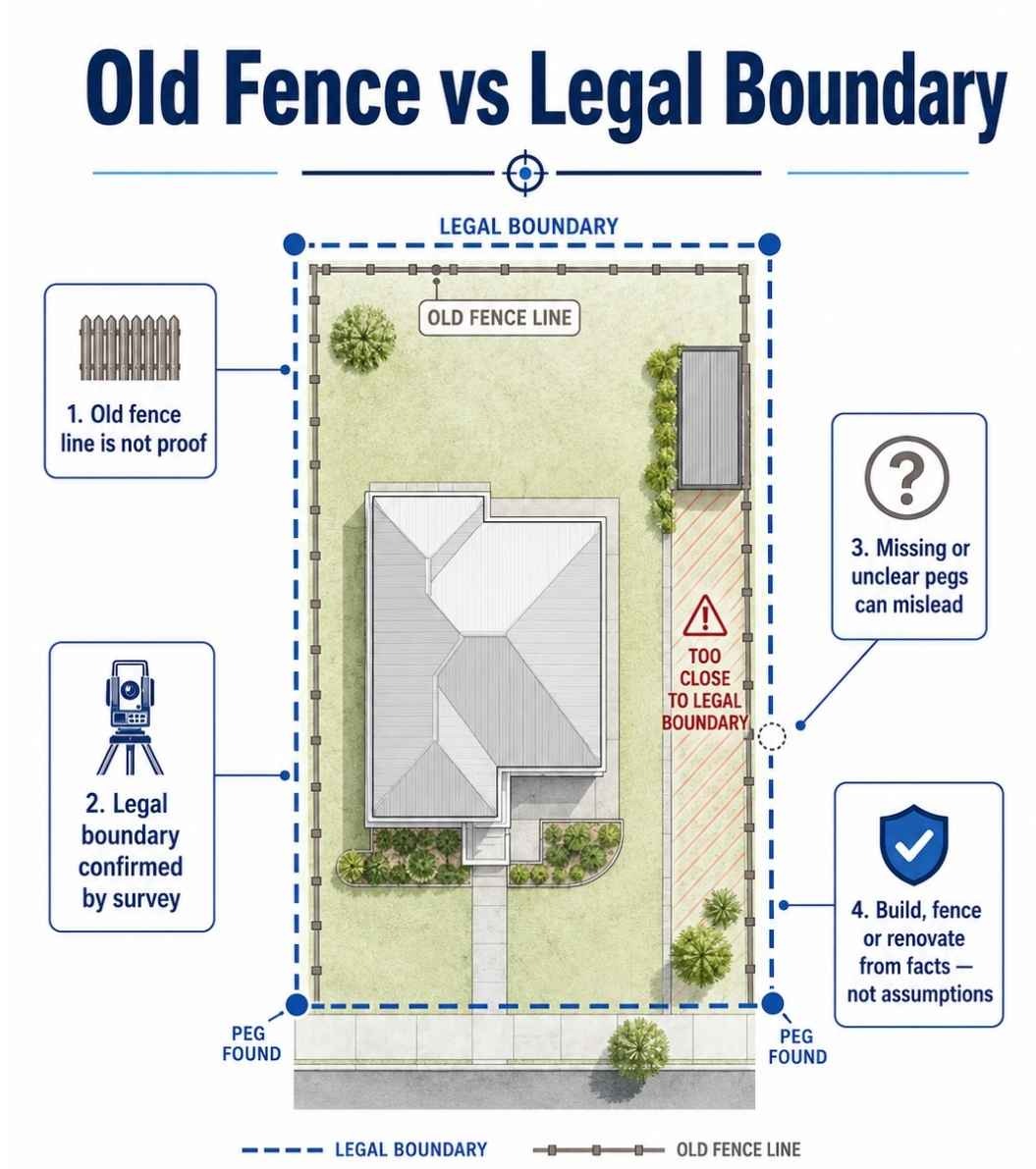 Diagram showing how a boundary survey in Perth identifies the legal property boundary compared with an old fence line, missing pegs, and nearby building work.