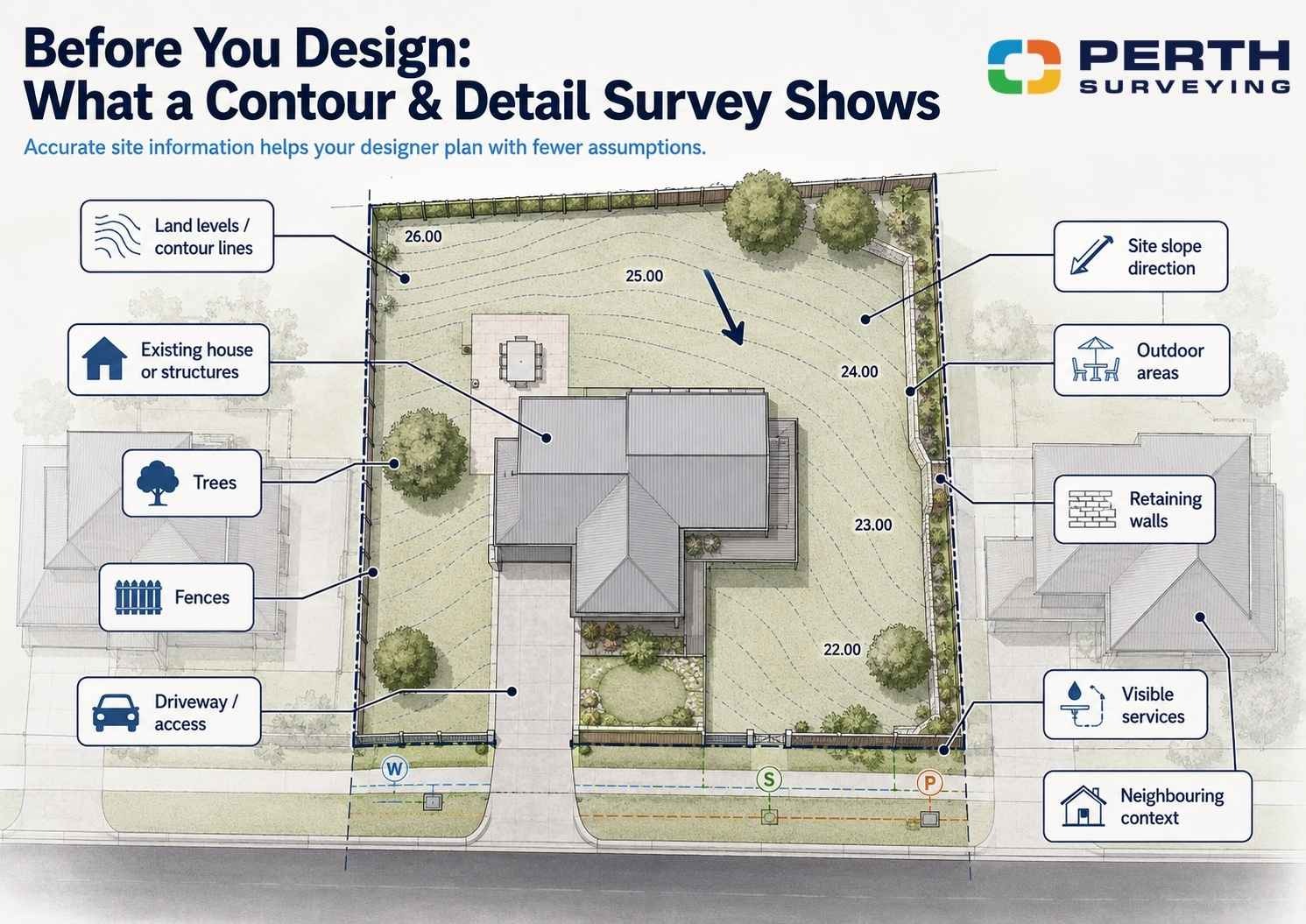 Top-down infographic of a residential block showing what a contour and detail survey includes, with labels for land levels, trees, fences, retaining walls, driveway access, visible services and neighbouring context.
