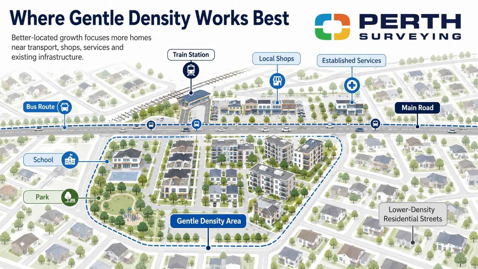 Map-style infographic showing where gentle density may work best in Perth suburbs near transport and services.