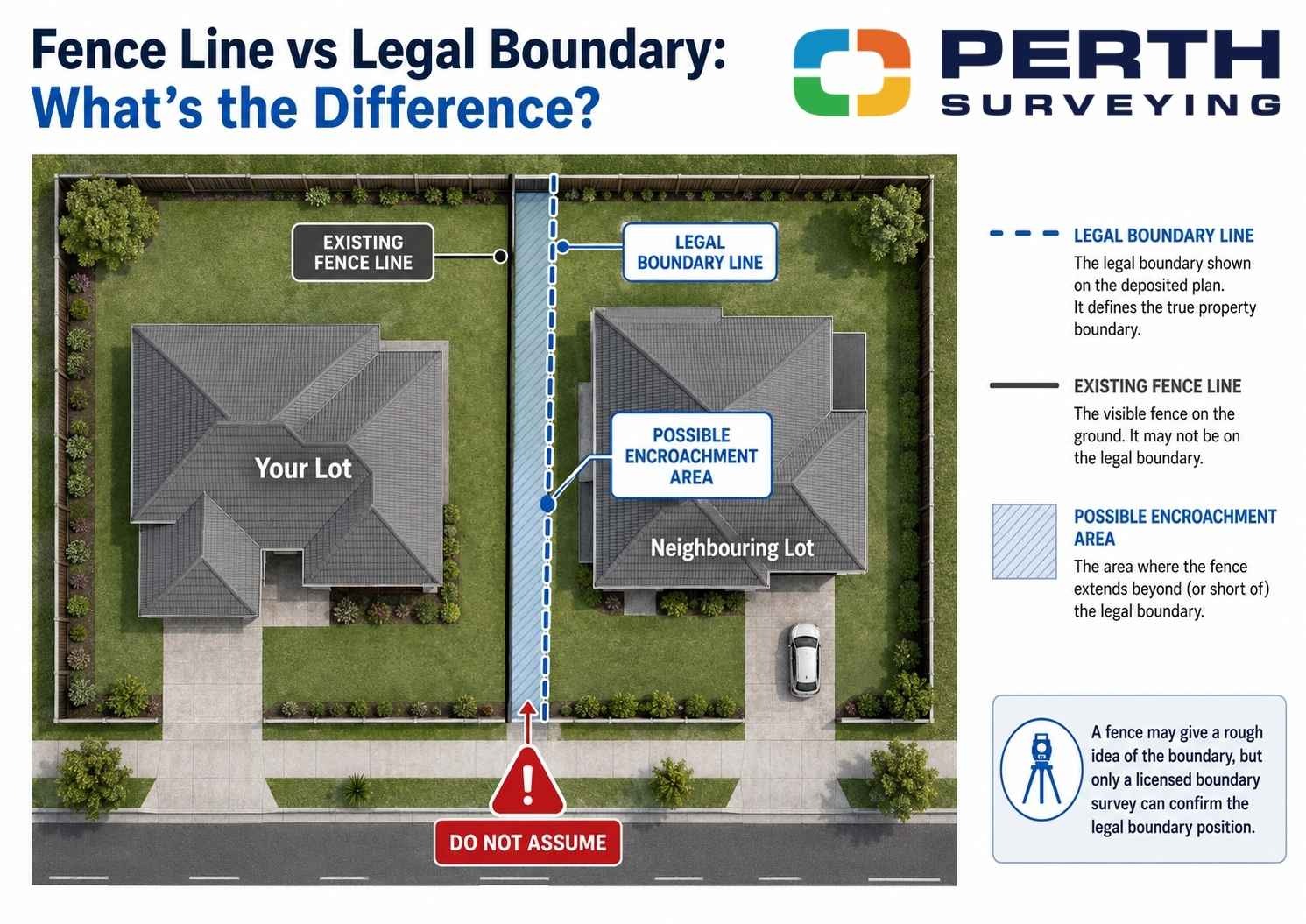 Diagram showing the difference between a fence line and the legal property boundary in Perth.