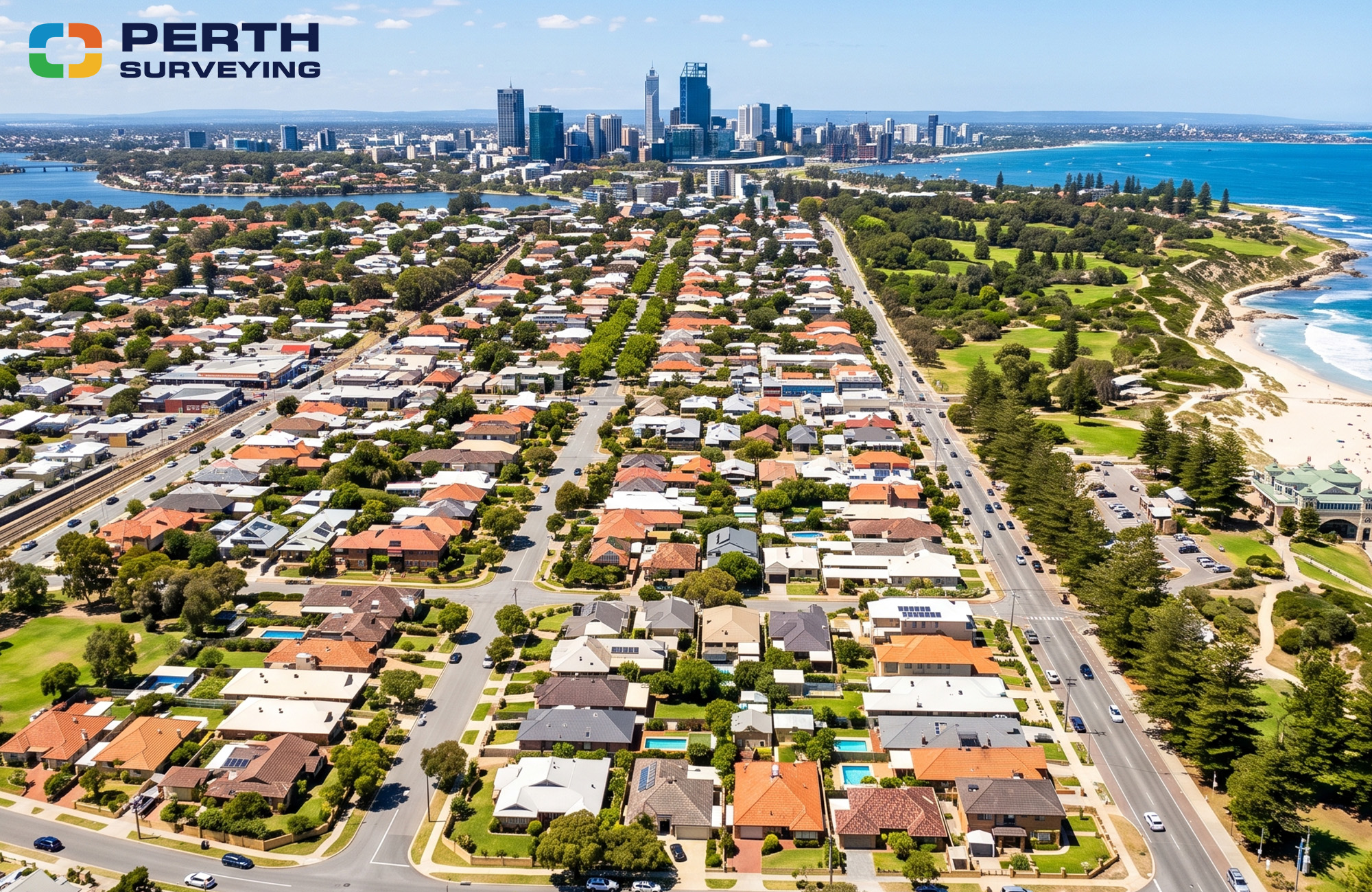 Aerial view of Perth suburbs, coastline and city skyline illustrating residential property investment opportunities.
